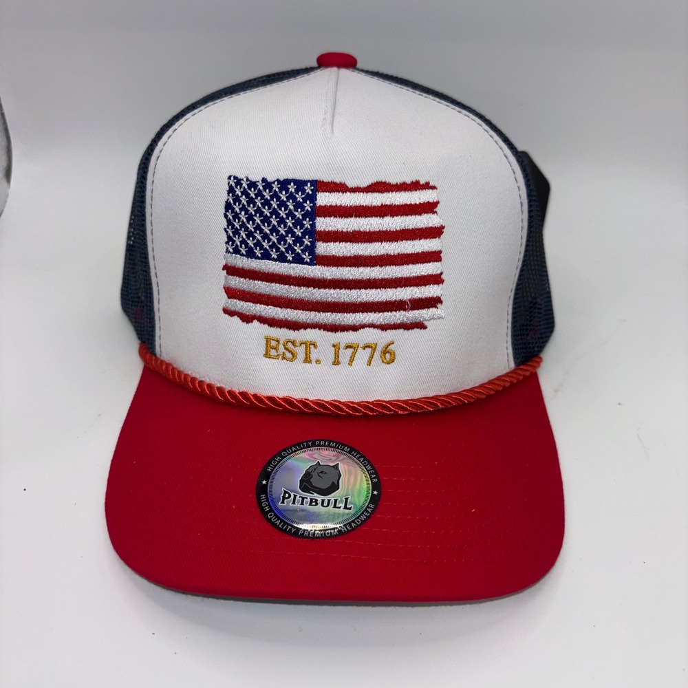 Pitbull USA American Flag Est 1776 Trucker Hat Red White Blue Snapback Cap